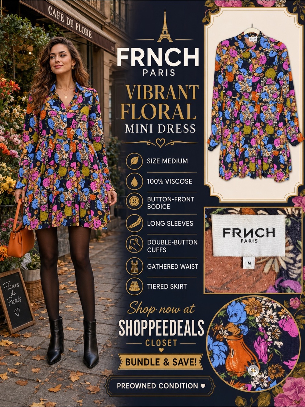 FRNCH Paris Floral Button-Front Tiered Mini Dress Size Medium